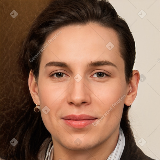 Joyful white young-adult female with medium  brown hair and brown eyes