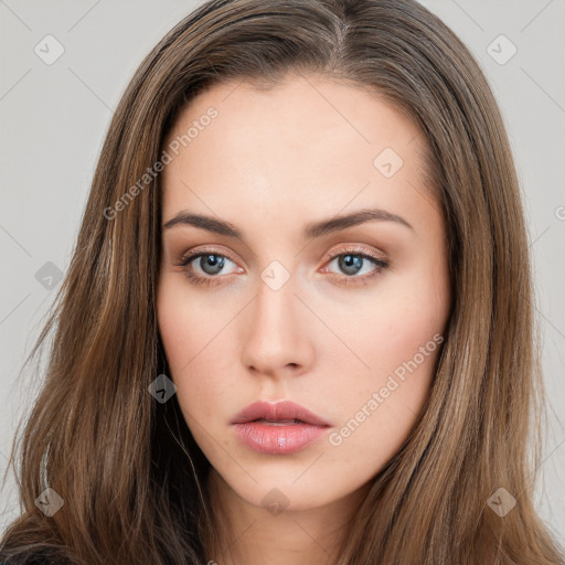 Neutral white young-adult female with long  brown hair and brown eyes