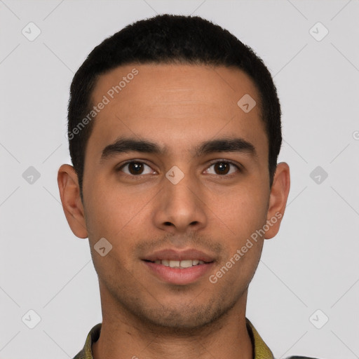 Neutral latino young-adult male with short  black hair and brown eyes