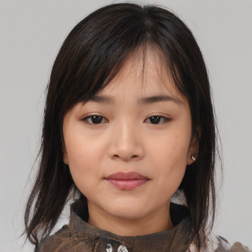 Neutral asian young-adult female with medium  brown hair and brown eyes
