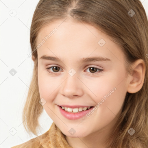 Joyful white child female with medium  brown hair and brown eyes