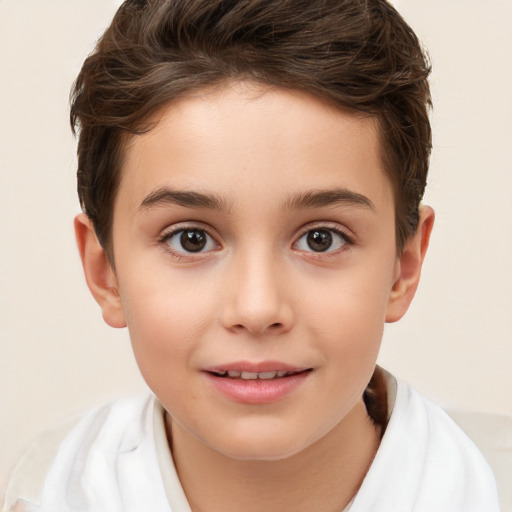 Joyful white child female with short  brown hair and brown eyes