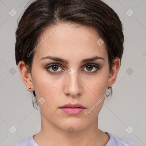 Neutral white young-adult female with medium  brown hair and brown eyes