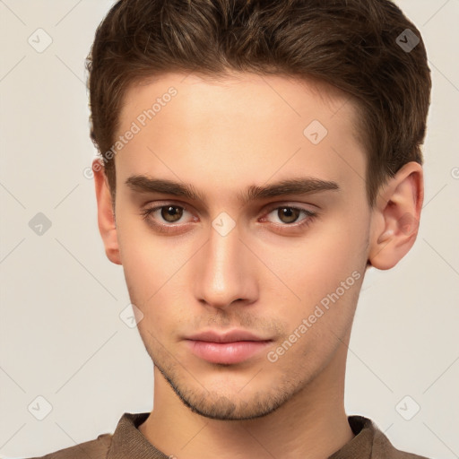 Neutral white young-adult male with short  brown hair and brown eyes