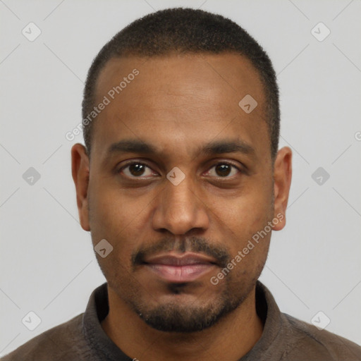 Neutral black young-adult male with short  black hair and brown eyes