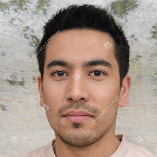 Neutral asian young-adult male with short  black hair and brown eyes