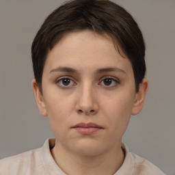 Neutral white young-adult female with short  brown hair and brown eyes