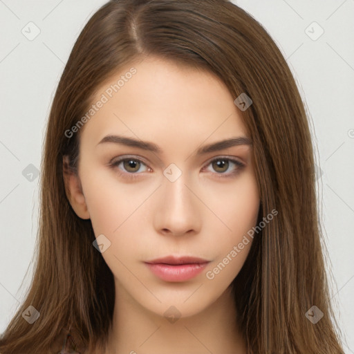 Neutral white young-adult female with long  brown hair and brown eyes