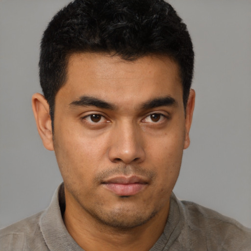 Neutral asian young-adult male with short  black hair and brown eyes