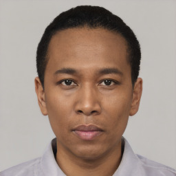 Neutral black young-adult male with short  black hair and brown eyes