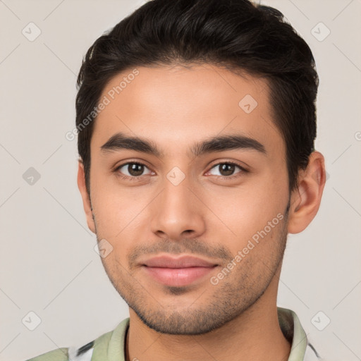 Joyful white young-adult male with short  brown hair and brown eyes