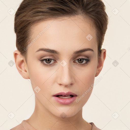 Neutral white young-adult female with short  brown hair and brown eyes