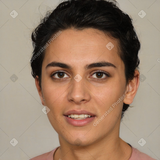 Joyful white young-adult female with short  brown hair and brown eyes