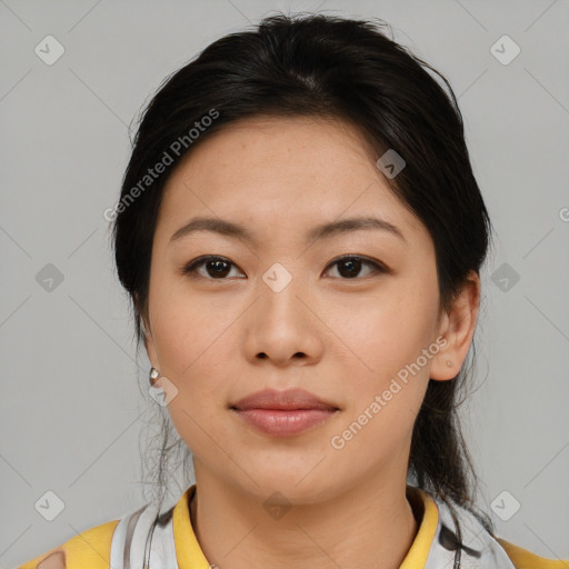 Neutral asian young-adult female with medium  brown hair and brown eyes