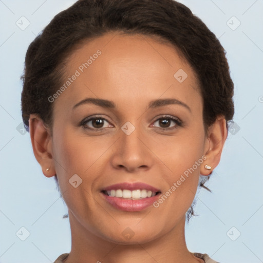 Joyful white young-adult female with short  brown hair and brown eyes