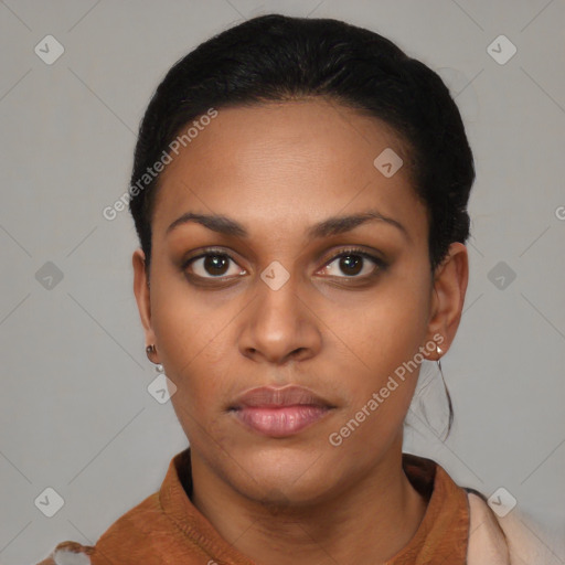 Neutral black young-adult female with short  black hair and brown eyes
