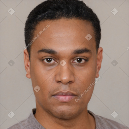 Neutral latino young-adult male with short  black hair and brown eyes