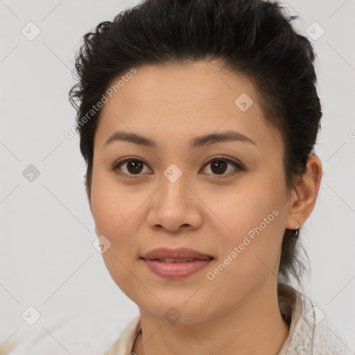 Joyful latino young-adult female with short  brown hair and brown eyes