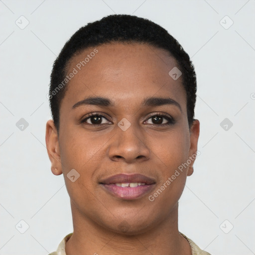 Joyful black young-adult female with short  brown hair and brown eyes