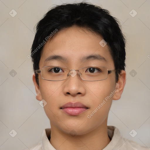 Neutral asian young-adult male with short  brown hair and brown eyes