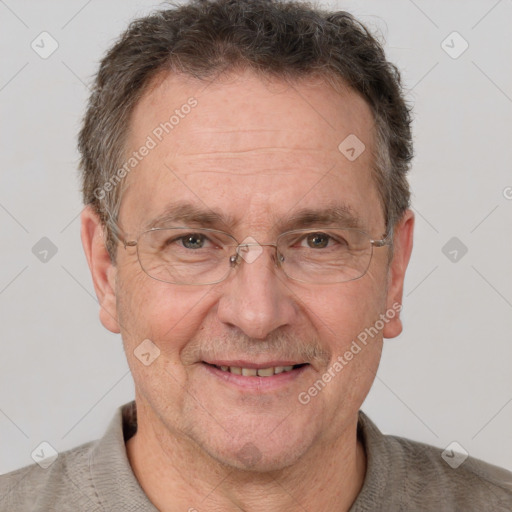 Joyful white middle-aged male with short  brown hair and brown eyes