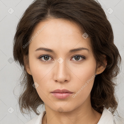 Neutral white young-adult female with medium  brown hair and brown eyes