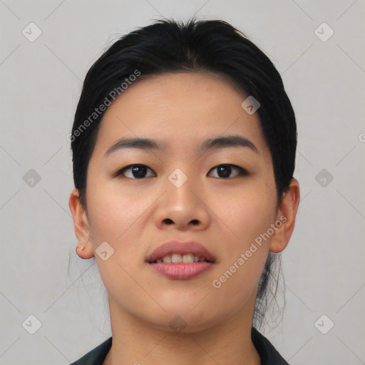 Neutral asian young-adult female with short  black hair and brown eyes