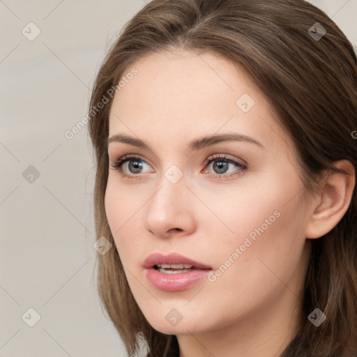 Neutral white young-adult female with long  brown hair and grey eyes