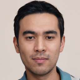 Neutral asian young-adult male with short  black hair and brown eyes