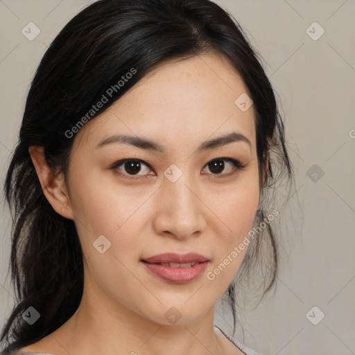 Joyful asian young-adult female with medium  black hair and brown eyes