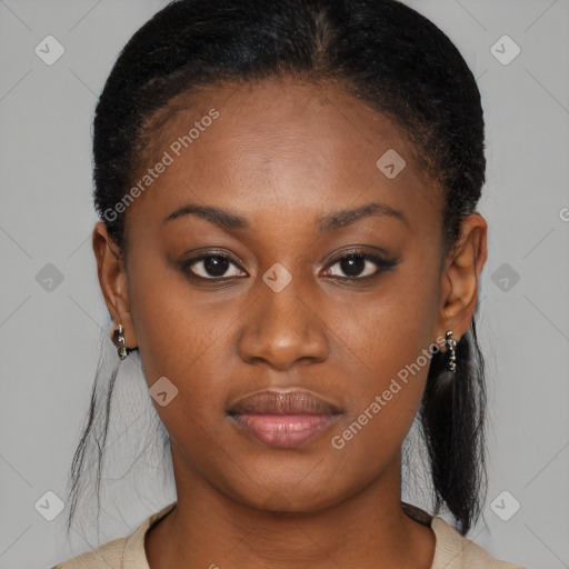 Neutral black young-adult female with medium  brown hair and brown eyes