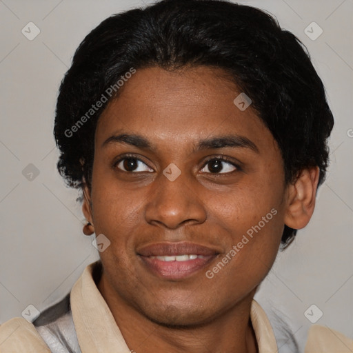 Joyful latino young-adult female with short  brown hair and brown eyes