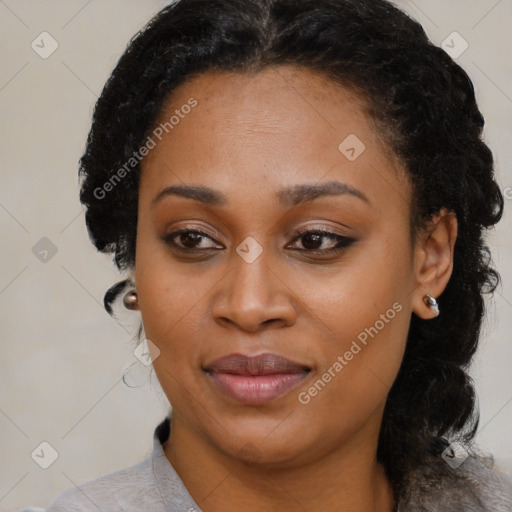 Joyful latino young-adult female with medium  black hair and brown eyes