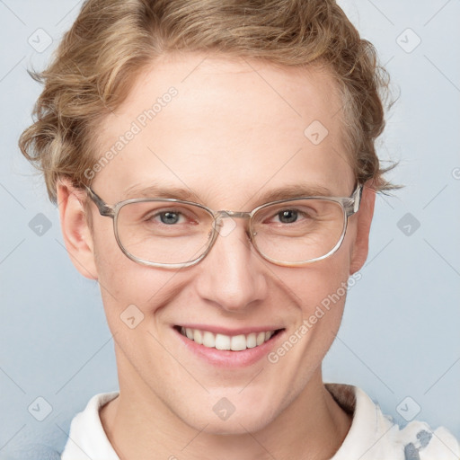 Joyful white adult female with short  brown hair and blue eyes