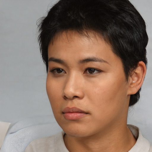 Neutral asian young-adult female with short  brown hair and brown eyes