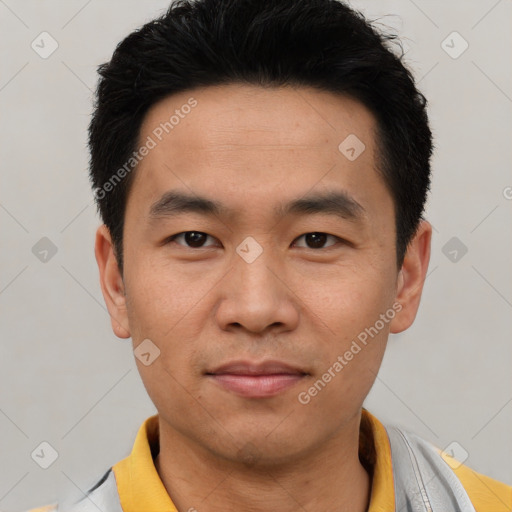 Neutral asian young-adult male with short  black hair and brown eyes