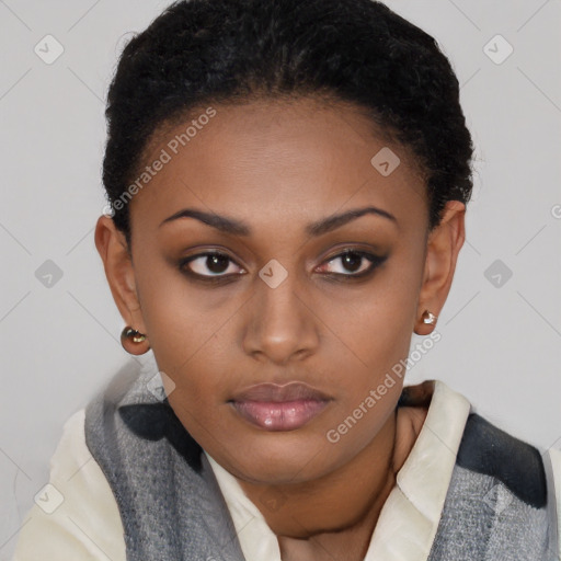 Neutral black young-adult female with short  black hair and brown eyes