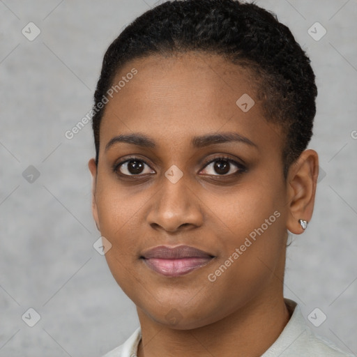 Joyful black young-adult female with short  brown hair and brown eyes