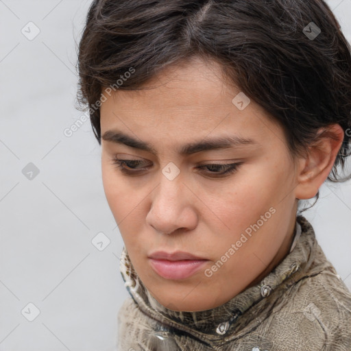 Neutral white young-adult female with short  brown hair and brown eyes