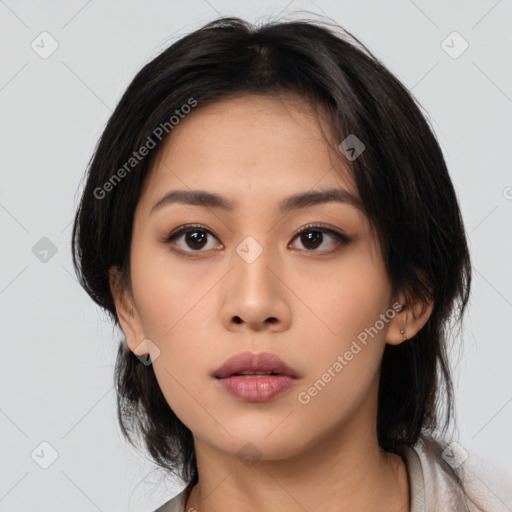 Neutral asian young-adult female with medium  black hair and brown eyes