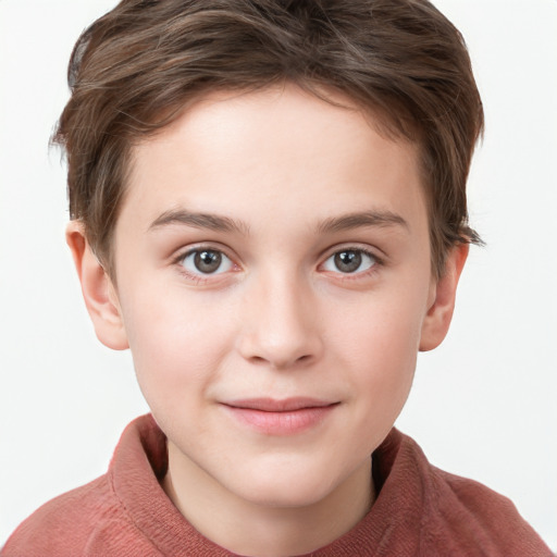 Joyful white child female with short  brown hair and grey eyes