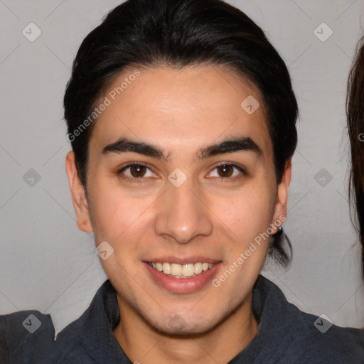 Joyful white young-adult male with medium  brown hair and brown eyes