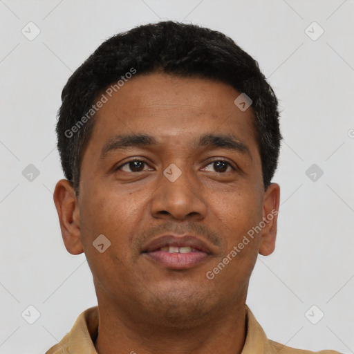 Neutral latino young-adult male with short  brown hair and brown eyes