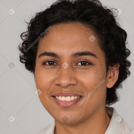 Joyful latino young-adult female with short  brown hair and brown eyes