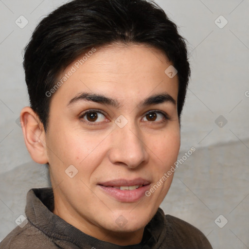 Joyful white young-adult female with short  brown hair and brown eyes