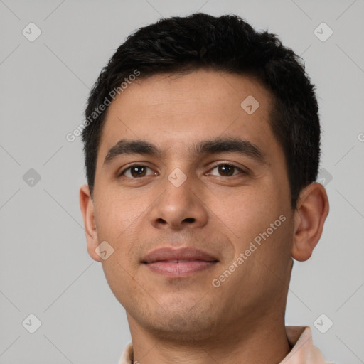 Neutral latino young-adult male with short  brown hair and brown eyes