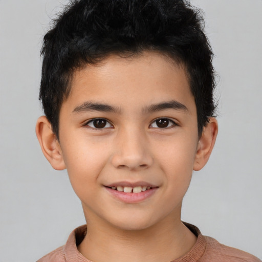 Joyful asian child male with short  brown hair and brown eyes