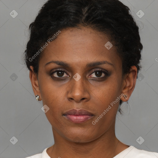 Neutral black young-adult female with short  brown hair and brown eyes