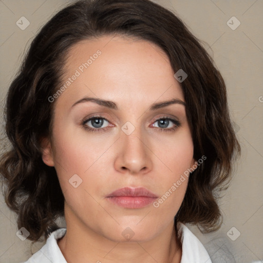 Neutral white young-adult female with medium  brown hair and brown eyes