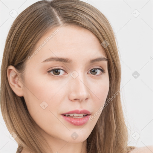 Neutral white young-adult female with long  brown hair and brown eyes